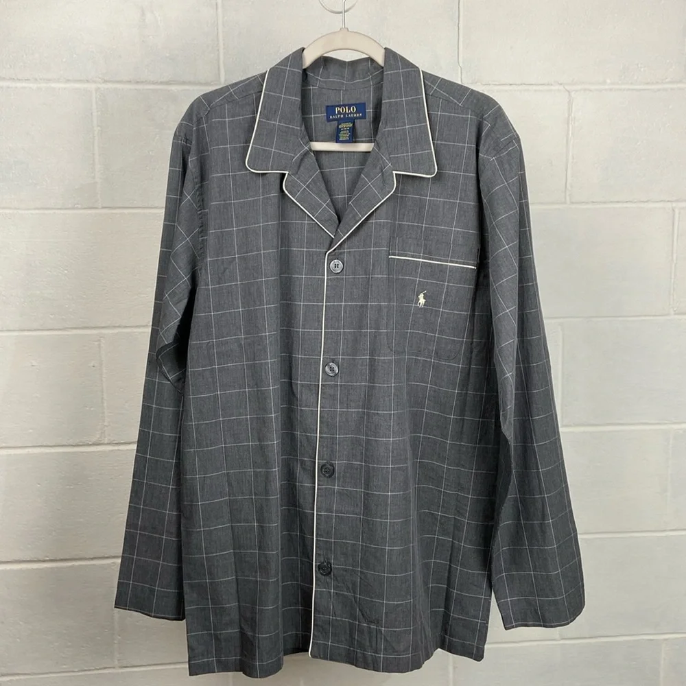 NWT POLO Ralph Lauren Men's Pajamas Sleep Shirt MEDIUM Grey Plaid‎ Cotton Pony